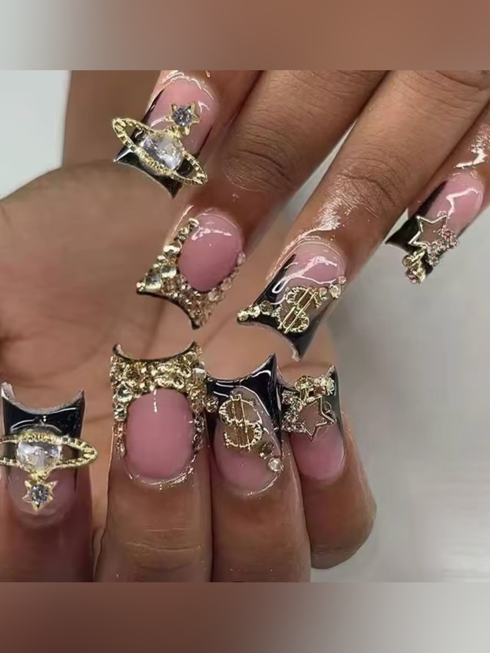 Luxury Pink and Black Gold-Accent Nail Art Set